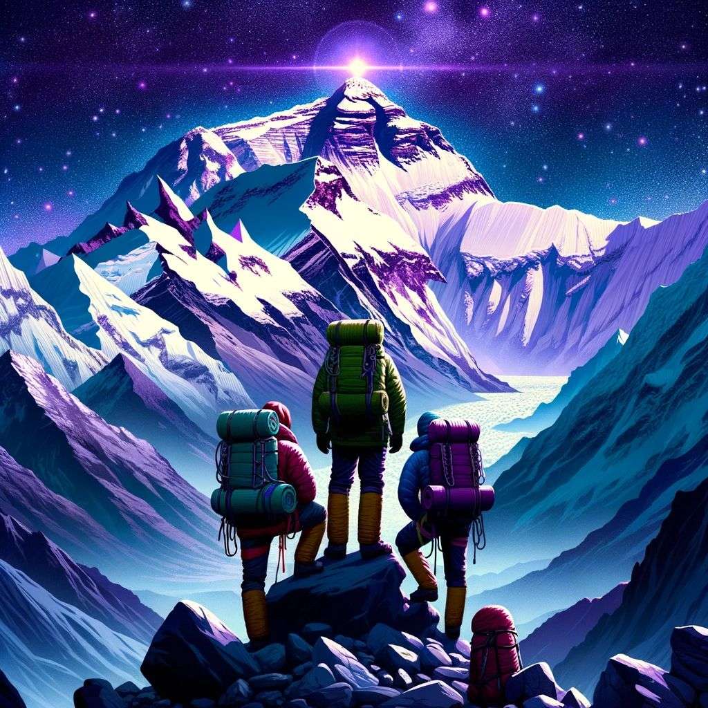 someone gazing at Mount Everest, digital art, glowing